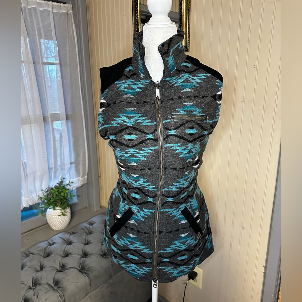 Powder River Outfitters Aztec Print Vest Western Wool Blend Zip Small Panhandle